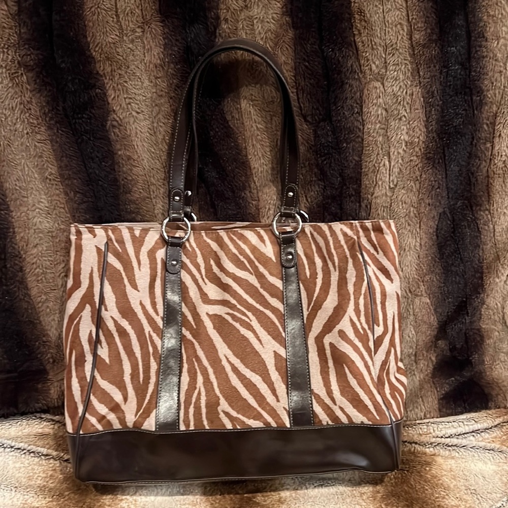 ELLE brown zebra print bag. Tote. $300. Suede and leather.